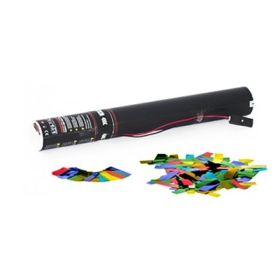 Tubo preto com confetes coloridos ao lado sobre fundo branco