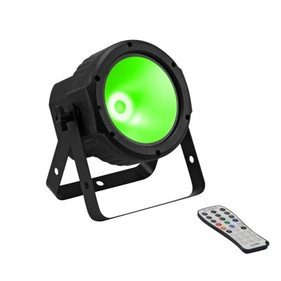 Projetor de luz LED preto com luz verde e comando à distância branco