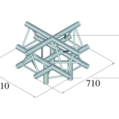 Estrutura metálica quadrada prateada com tubos cruzados e dimensões indicadas.