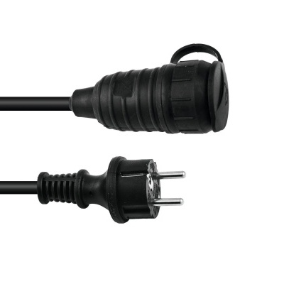 Cabo elétrico preto com ficha macho e ficha fêmea em fundo branco