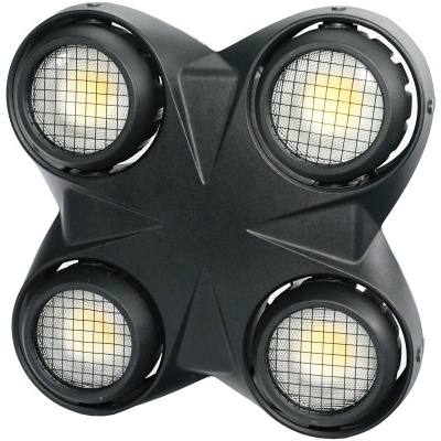 luz LED quadrada preta com quatro painéis redondos com grelhas