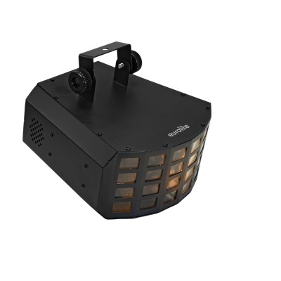 Projetor de luz LED preta com painel frontal em grelha e lente amarela