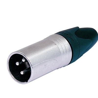Conector XLR 3 pinos prateado com corpo preto e verde escuro