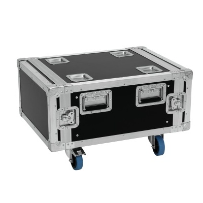 Caixa de transporte preta com rodízios azuis e cantos metálicos