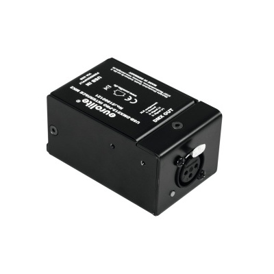 Conversor de áudio preto com conector XLR num fundo branco