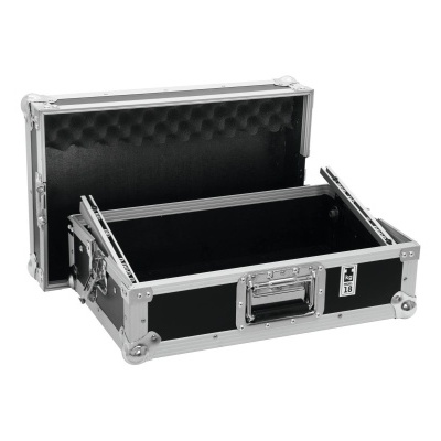 Mala rígida preta aberta com arnês de metal prateado e interior almofadado preto