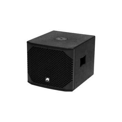 Coluna de som preta em forma de cubo com grade frontal e logótipo