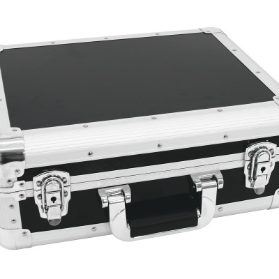 Mala de alumínio preta com fechos e cantos metálicos