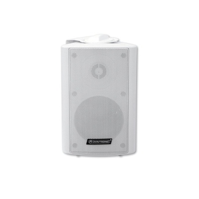 Coluna de áudio branca com grelha metálica e etiqueta DMK SOUND