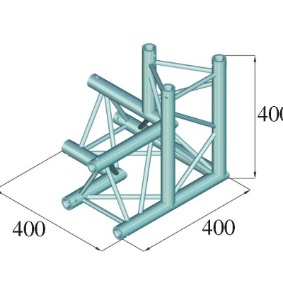 Estrutura metálica tubular azul em formato cúbico com reforços diagonais e cruzados, dimensões 400x400x400