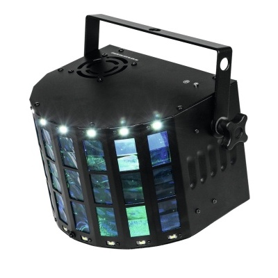 Luz de discoteca LED preta com lentes azuis e verdes e barra de luzes brancas