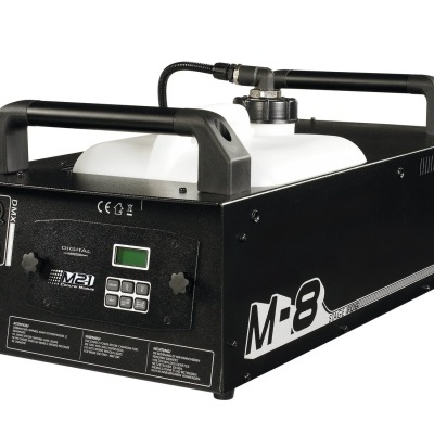 Máquina de fumo preta com depósito branco e botões digitais