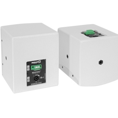 Dois dispositivos eletrónicos quadrados brancos com conectores e rótulos visíveis