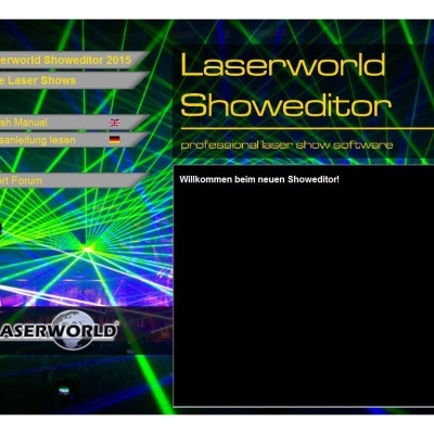 Interface de software Laserworld Showeditor com opções de instalação e fundo de luzes laser