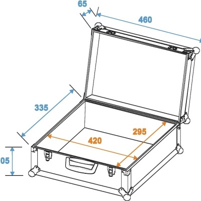 Desenho técnico de mala aberta com medidas e alça frontal