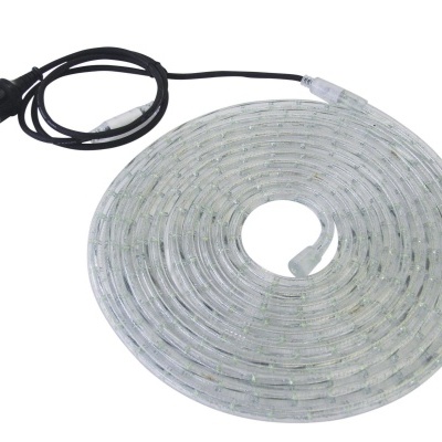 Rolo de fita LED transparente com fios pretos e ficha elétrica