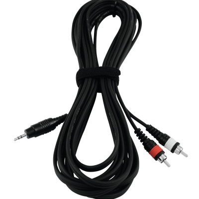 Cabo áudio preto com jack 3,5 mm e conectores RCA vermelho e branco