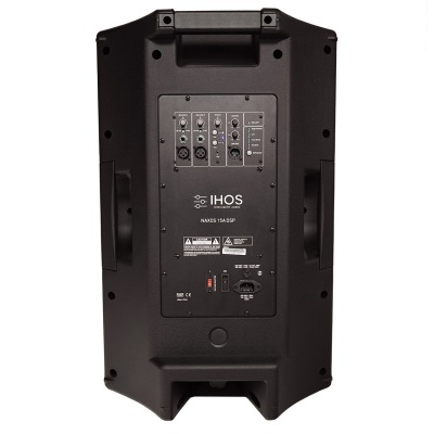 Coluna de som amplificada preta IHOS IA-15P vista traseira