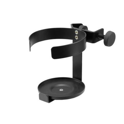 Suporte de metal preto com base circular e abraçadeira ajustável