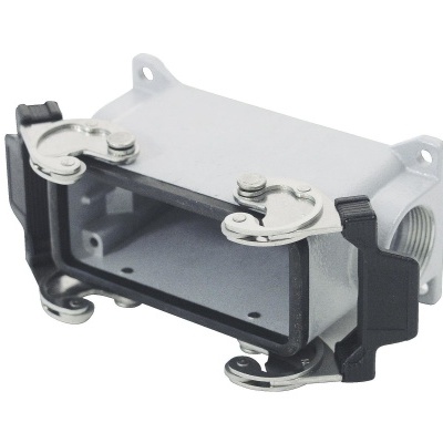 Conector industrial metálico cinzento com ganchos e presilhas negras