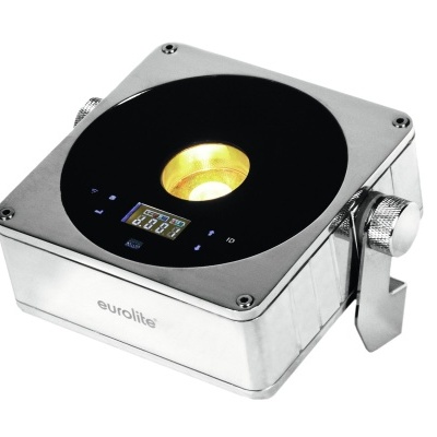 Base de luz metálica prateada com painel preto e visor digital