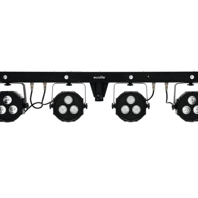 Conjunto de 4 focos LED redondos em barra metálica preta com texto 'eurolite'