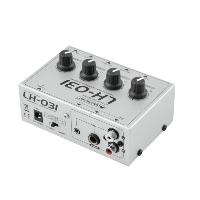 Interface de áudio LH-031 cinza com quatro botões pretos e conectores na lateral