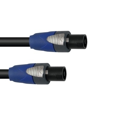 Cabo com conectores Speakon preto e azul com detalhes prateados