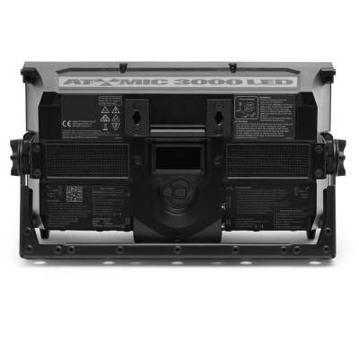 Luz profissional ATOMIC 3000 LED preta com painel e etiquetas técnicas