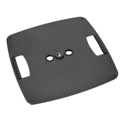 Base quadrada preta com pegas e orifícios centrais