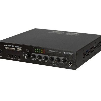 Amplificador de som preto com botões e indicadores LED