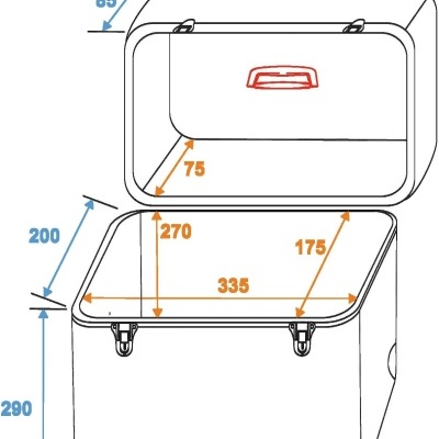 Desenho técnico de cooler branco com alça vermelha e fechos pretos, medidas anotadas.