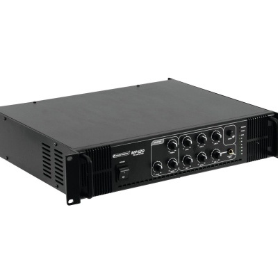 Amplificador de som preto em metal com botões frontais e conexões