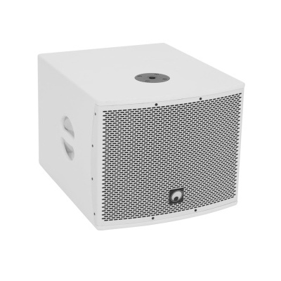 Coluna de som amplificada branca com grelha metálica preta