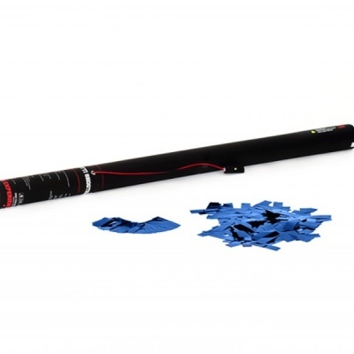 Tubo preto com detalhes vermelhos e confetes azuis ao lado sobre superfície branca