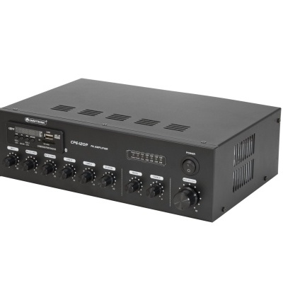 Amplificador de som preto com botões e display digital