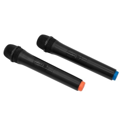 Dois microfones sem fios pretos com anéis laranja e azul na base