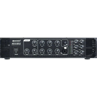 Amplificador Power Line MPV2400C preto com botões e indicadores LED no painel frontal