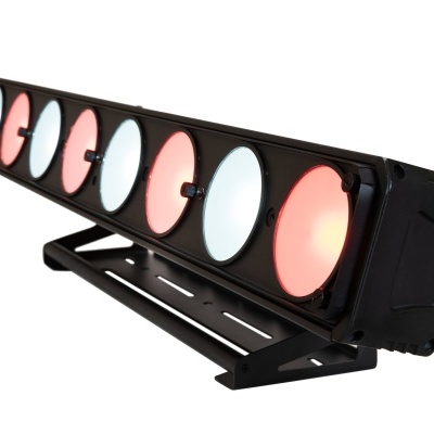 Barra de luz LED com discos azuis e vermelhos em estrutura preta