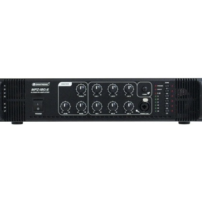 Amplificador de som preto MASTER AUDIO MPA1200-6 com botões e LEDs