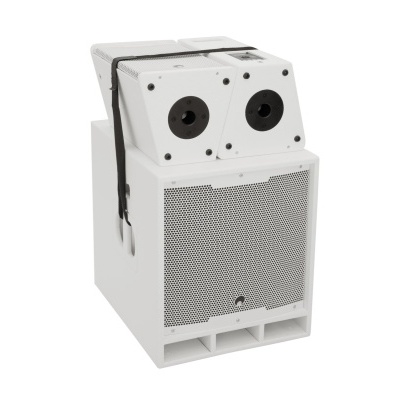 Coluna de som branca com grelha metálica e duas unidades circulares pretas