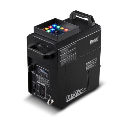 Dispositivo de iluminação preto com LEDs coloridos e alça para transporte