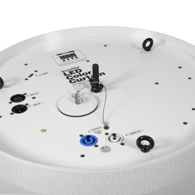 Base branca circular com conexões elétricas e texto 'Lifud led color court'