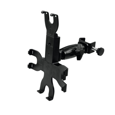 Suporte de mesa preto em plástico rígido com vários encaixes e parafusos de ajuste