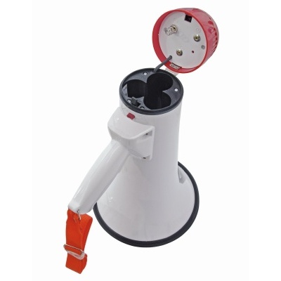 Megafone branco com tampa vermelha aberta e correia laranja
