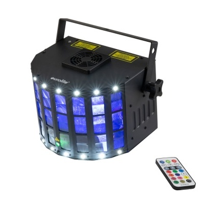 Iluminação de palco preta com luzes LED brancas e vidro azul e controlo remoto