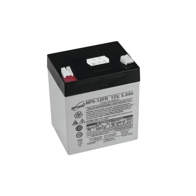 Bateria recarregável chumbo-ácido preta e cinza com texto e símbolos técnicos