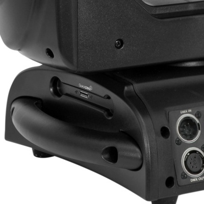 Equipamento eletrónico profissional preto com conectores DMX e alça integrada