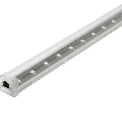 Barra de luz LED fina em caixa transparente com base prateada e conector preto