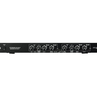 Equipamento de áudio preto com botões e texto 'STEREO SMART AUDIO SELECT'
